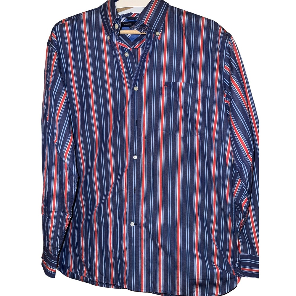 Tommy Hilfiger Mens Long Sleeve Button Down Shirt Red Blue Stripe Casual, Large